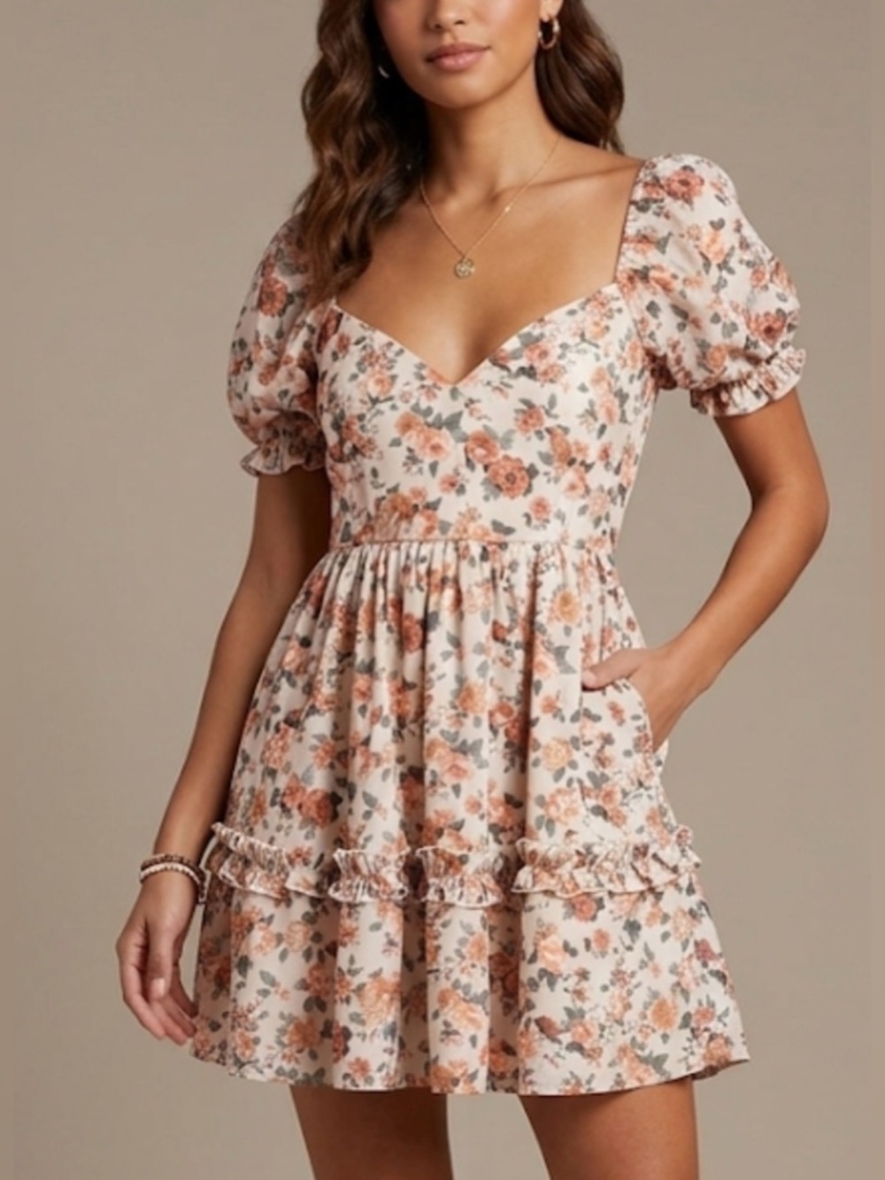 Altar'd State Cream Floral Puff-Sleeve Mini Dress